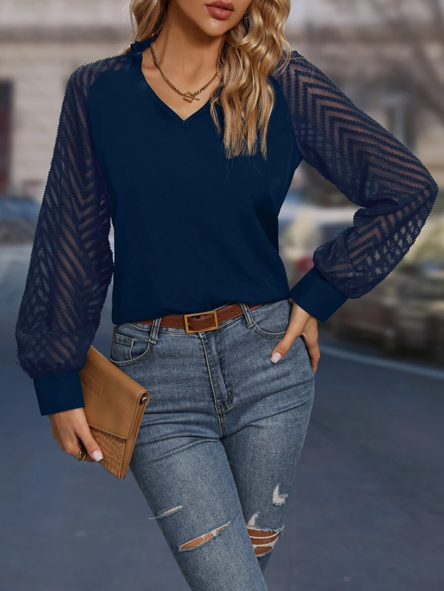 SHEIN LUNE Contrast Mesh Raglan Sleeve Blouse