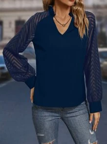 SHEIN LUNE Contrast Mesh Raglan Sleeve Blouse