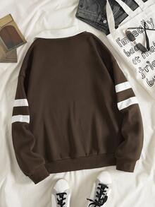 SHEIN EZwear Letter & Leopard Print Contrast Collar Thermal Sweatshirt - Coffee Brown - View 2