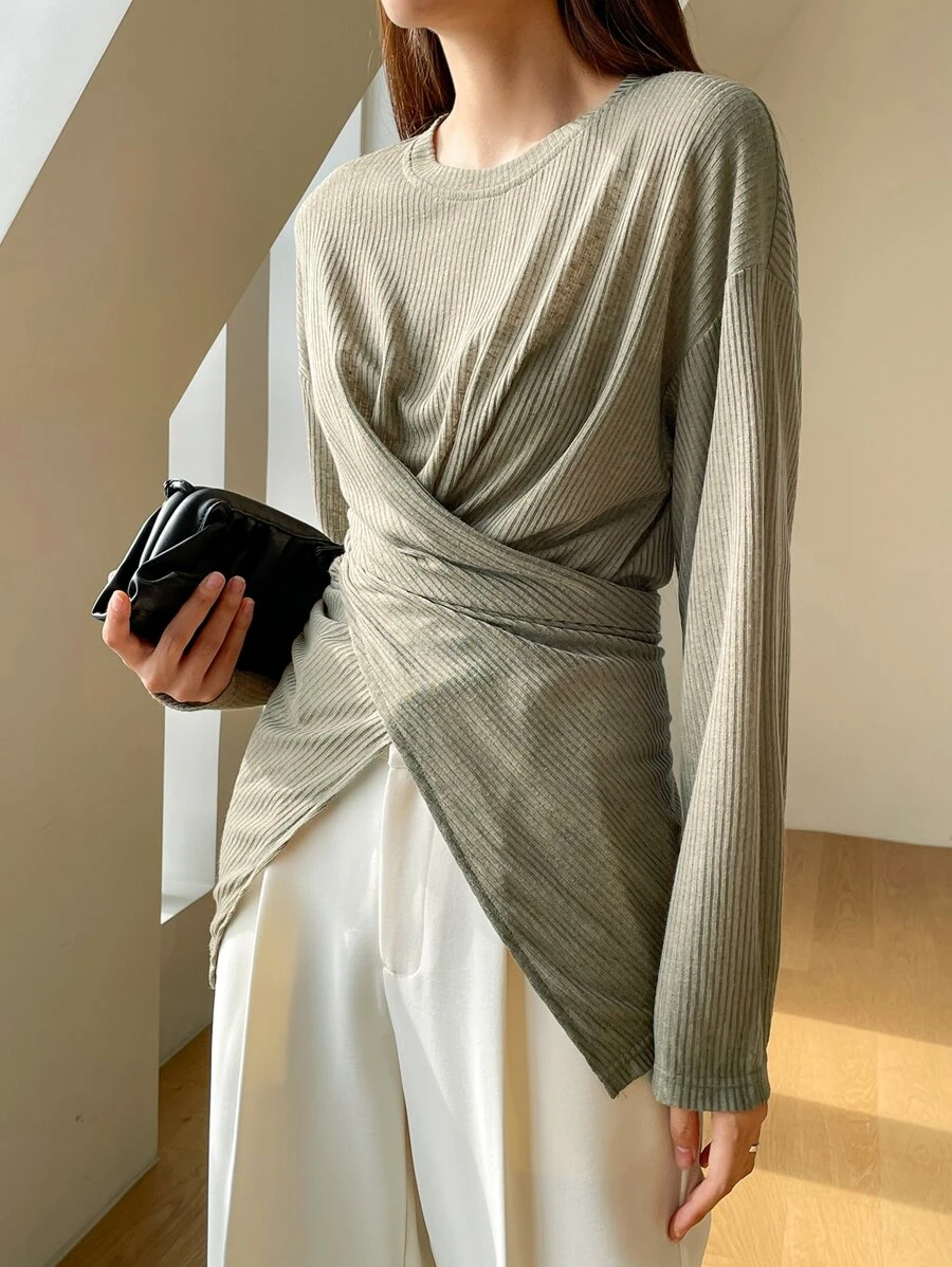 DAZY Áo thun nữ Bất đối xứng Nút Hội Chữ thập màu trơn Giải trí - màu xanh lá - Xem 1