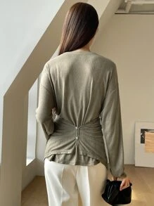 DAZY Áo thun nữ Bất đối xứng Nút Hội Chữ thập màu trơn Giải trí - màu xanh lá - Xem 8