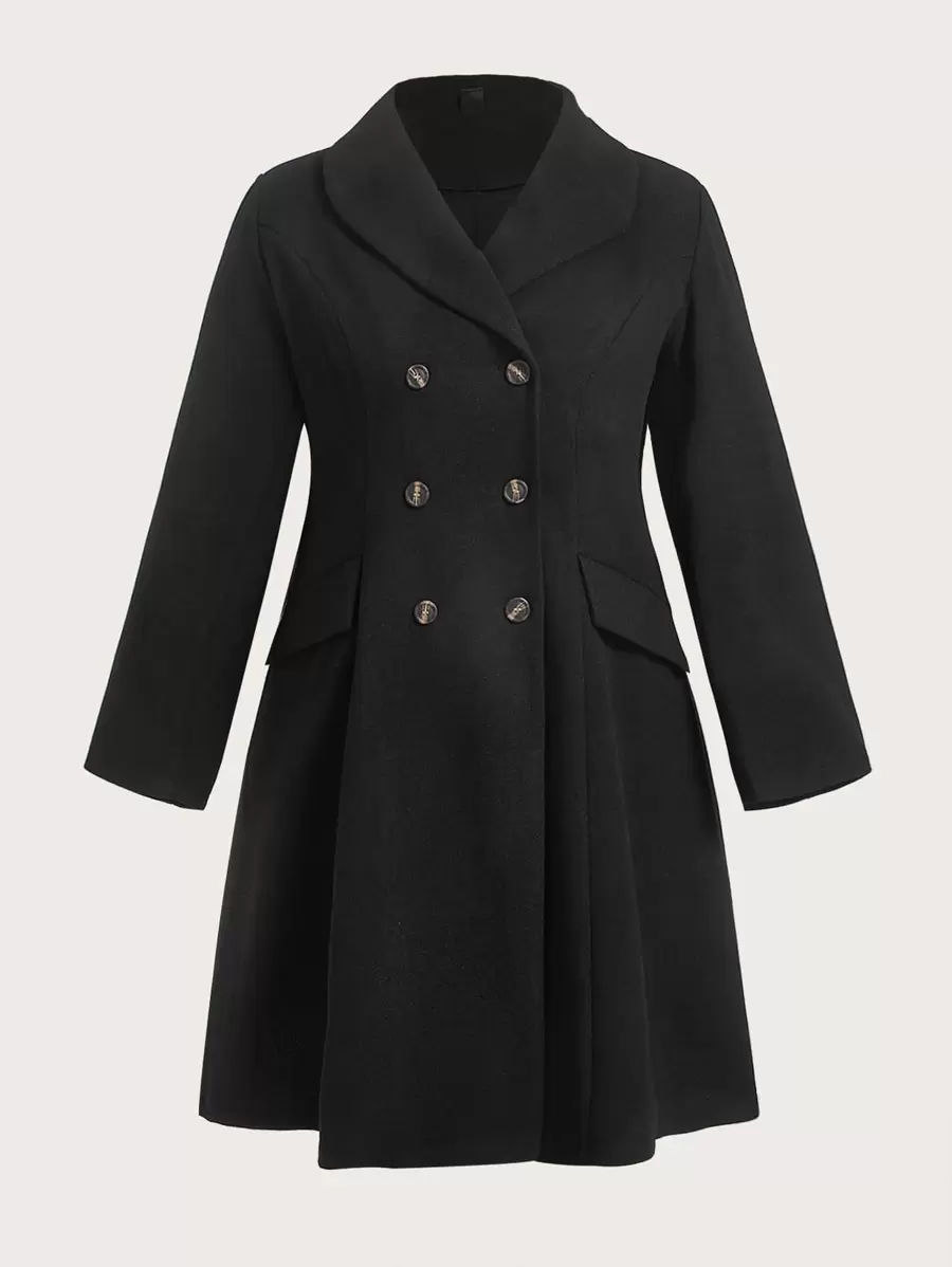 SHEIN Clasi Plus Shawl Collar Double Breasted Overcoat - Black - View 1