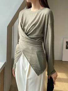 DAZY Áo thun nữ Bất đối xứng Nút Hội Chữ thập màu trơn Giải trí - màu xanh lá - Xem 3