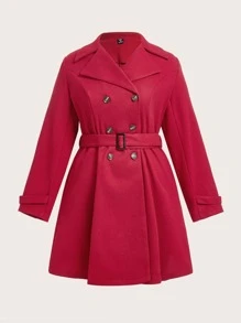 SHEIN Clasi Plus Double Breasted Belted Overcoat - Rose Red - View 1