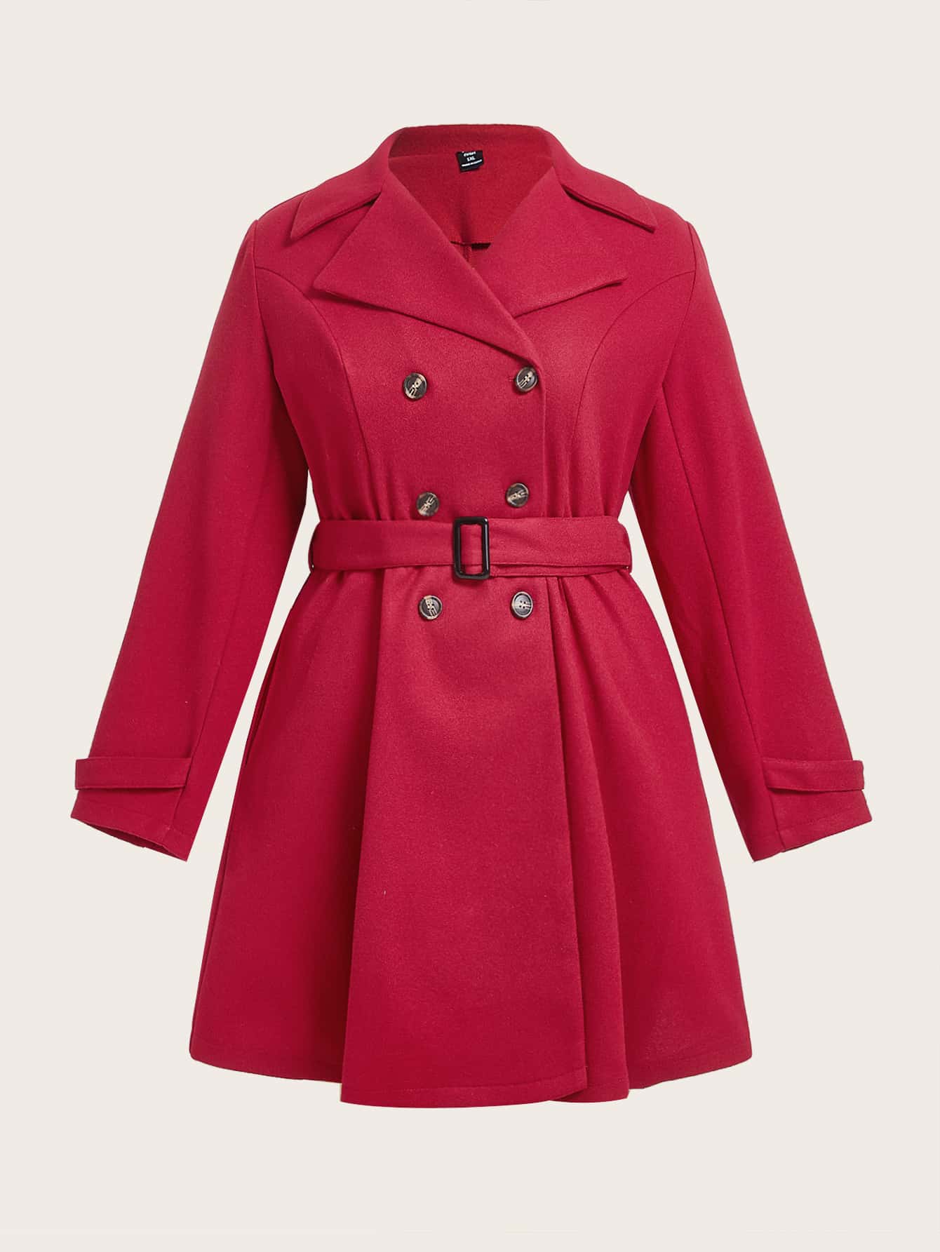 SHEIN Clasi Plus Double Breasted Belted Overcoat - Rose Red - View 1