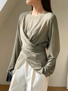 DAZY Áo thun nữ Bất đối xứng Nút Hội Chữ thập màu trơn Giải trí - màu xanh lá - Xem 6