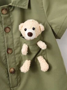 小男童絨毛熊裝飾襯衫連體短褲