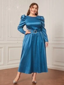 Modelyn Plus Leopard Jacquard Puff Sleeve Belted Satin Dress - Blue - View 2