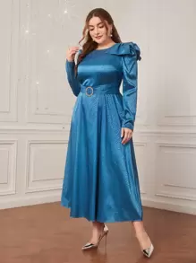 Modelyn Plus Leopard Jacquard Puff Sleeve Belted Satin Dress - Blue - View 1