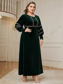 Al Najma 大碼燈籠袖亮片拼接絨布連衣裙 - 墨綠色 - 查看 3