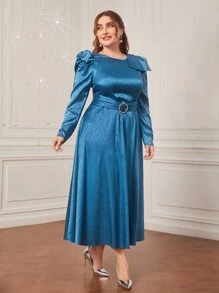 Modelyn Plus Leopard Jacquard Puff Sleeve Belted Satin Dress - Blue - View 5