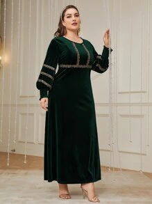 Al Najma 大碼燈籠袖亮片拼接絨布連衣裙 - 墨綠色 - 查看 4