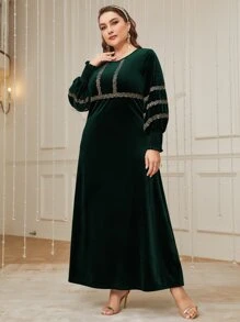 Al Najma 大碼燈籠袖亮片拼接絨布連衣裙 - 墨綠色 - 查看 5