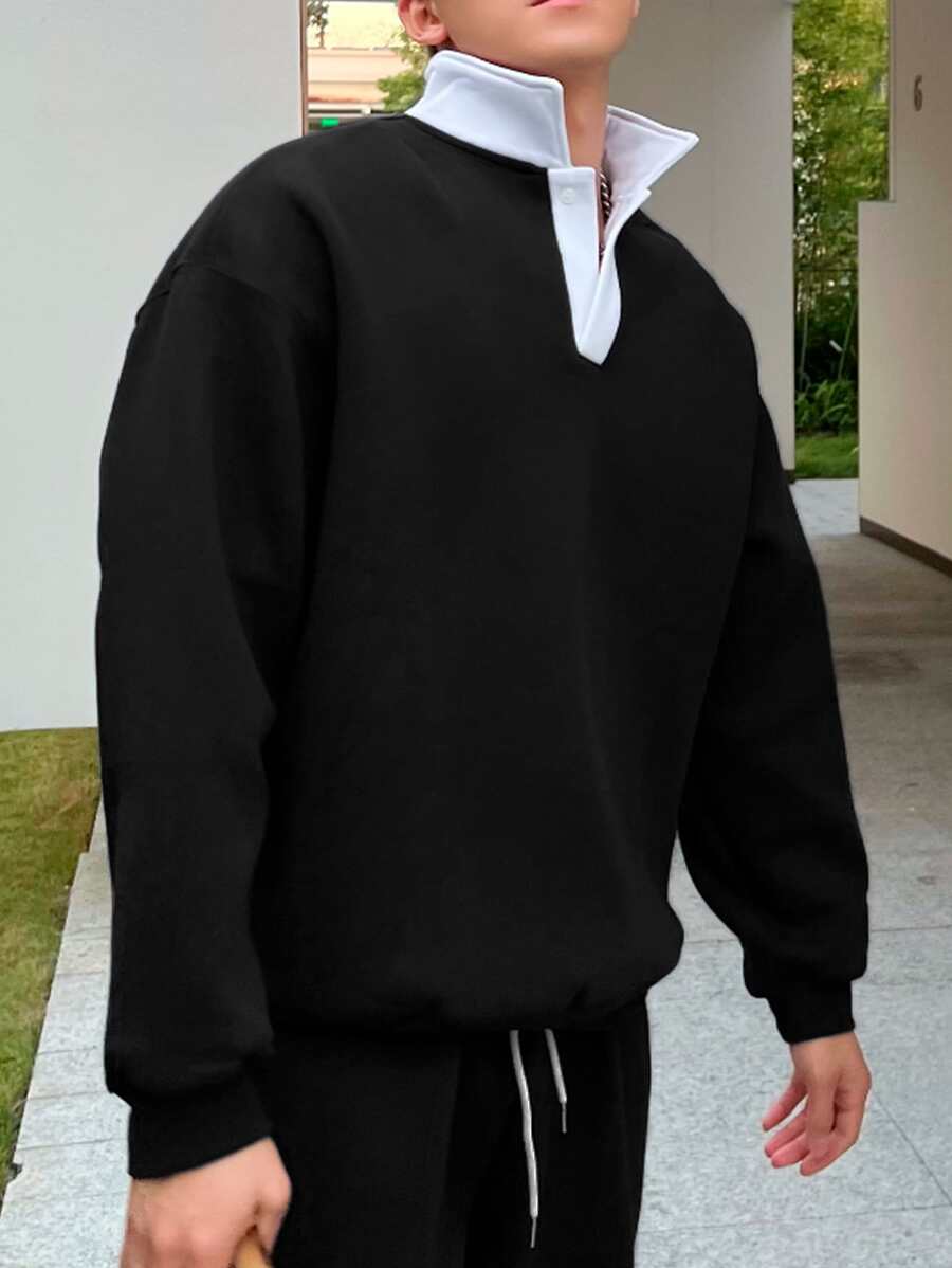 Manfinity Hombres Sudadera de cuello en contraste de hombros caídos - Negro - Ver 1