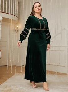 Al Najma 大碼燈籠袖亮片拼接絨布連衣裙 - 墨綠色 - 查看 6