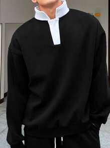 Manfinity Hombres Sudadera de cuello en contraste de hombros caídos - Negro - Ver 3