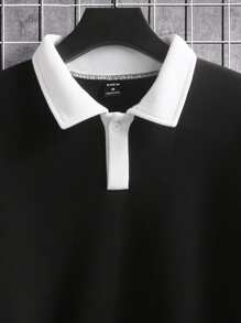 Manfinity Hombres Sudadera de cuello en contraste de hombros caídos - Negro - Ver 4