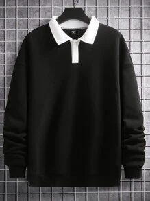 Manfinity Hombres Sudadera de cuello en contraste de hombros caídos - Negro - Ver 6