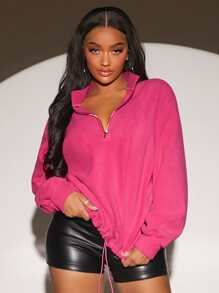 SHEIN SXY Half Zip Drawstring Hem Drop Shoulder Sweatshirt - Hot Pink - View 1