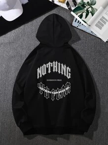 Manfinity Hombres Capucha con estampado de letra con cordón - Negro - Ver 2