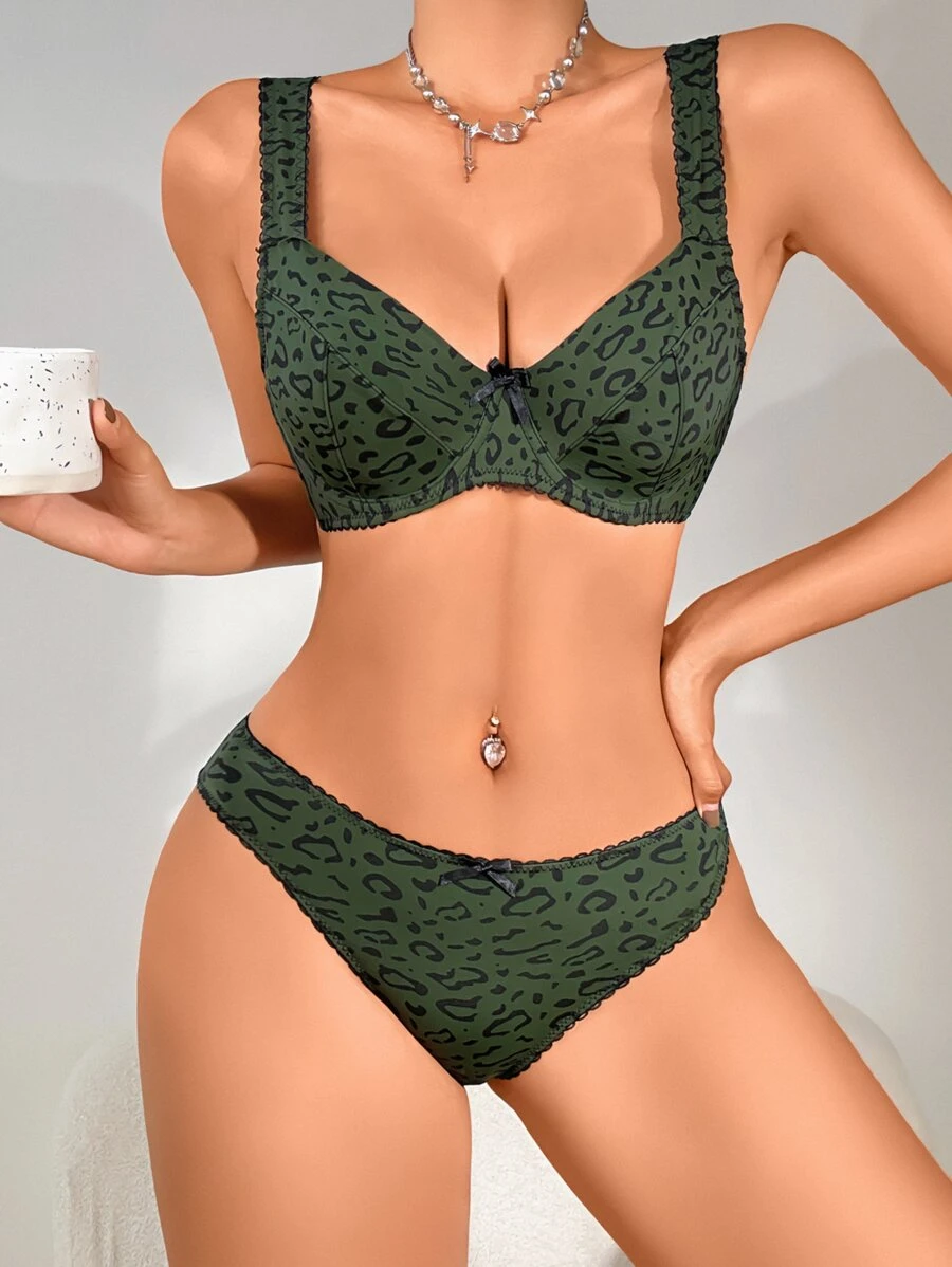 Leopard Print Bow Front Underwire Lingerie Set - Dark Green - View 1