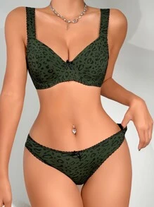 Leopard Print Bow Front Underwire Lingerie Set - Dark Green - View 4
