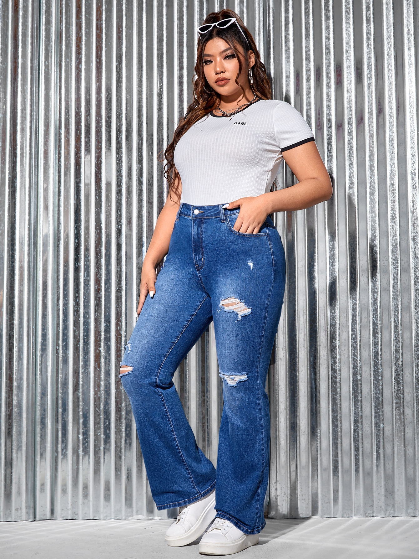 SHEIN Essnce Plus Ripped Flare Leg Jeans SHEIN USA