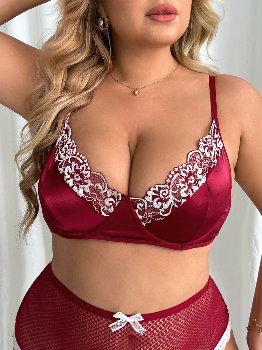 Plus Contrast Lace Satin Bra - Burgundy - View 1