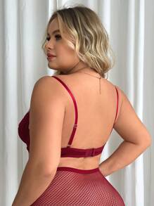Plus Contrast Lace Satin Bra - Burgundy - View 2