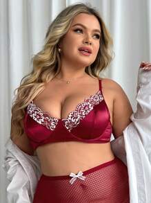 Plus Contrast Lace Satin Bra - Burgundy - View 5