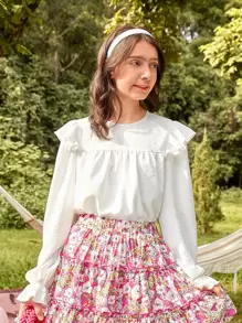 SHEIN Teen Girls Keyhole Back Ruffle Trim Flounce Sleeve Blouse - White - View 1