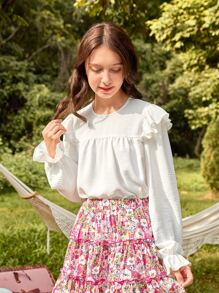 SHEIN Teen Girls Keyhole Back Ruffle Trim Flounce Sleeve Blouse - White - View 3