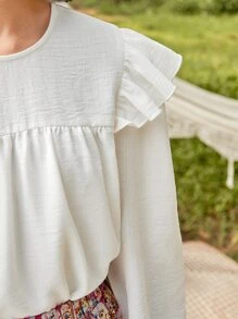 SHEIN Teen Girls Keyhole Back Ruffle Trim Flounce Sleeve Blouse - White - View 4