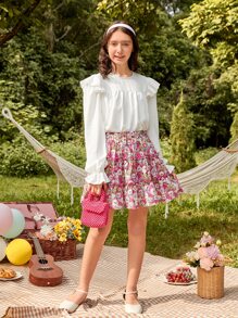 SHEIN Teen Girls Keyhole Back Ruffle Trim Flounce Sleeve Blouse - White - View 5