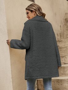SHEIN LUNE Lapel Neck Slant Pocket Single Breasted Teddy Coat - Dark Grey - View 2