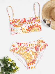 Swim Vcay Plus Size Botanical Print High Waisted Bikini Set Summer Beach - Multicolor - View 1