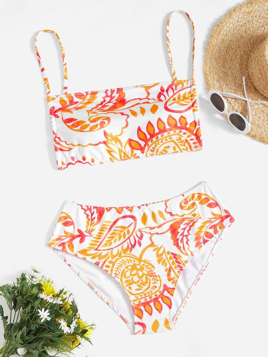 Swim Vcay Plus Size Botanical Print High Waisted Bikini Set Summer Beach - Multicolor - View 1