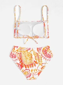 Swim Vcay Plus Size Botanical Print High Waisted Bikini Set Summer Beach - Multicolor - View 2