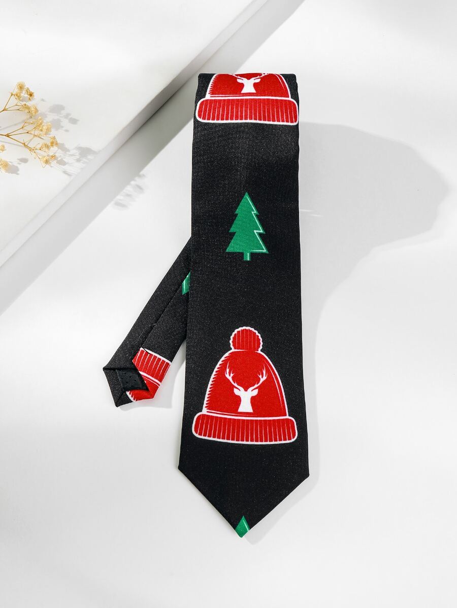 Men Christmas Tree & Hat Pattern Tie - Black - View 1