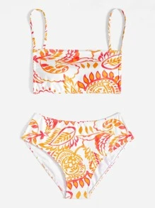 Swim Vcay Plus Size Botanical Print High Waisted Bikini Set Summer Beach - Multicolor - View 3