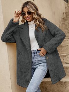 SHEIN LUNE Lapel Neck Slant Pocket Single Breasted Teddy Coat - Dark Grey - View 4