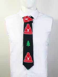 Men Christmas Tree & Hat Pattern Tie - Black - View 3