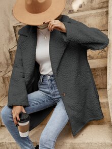 SHEIN LUNE Lapel Neck Slant Pocket Single Breasted Teddy Coat - Dark Grey - View 5