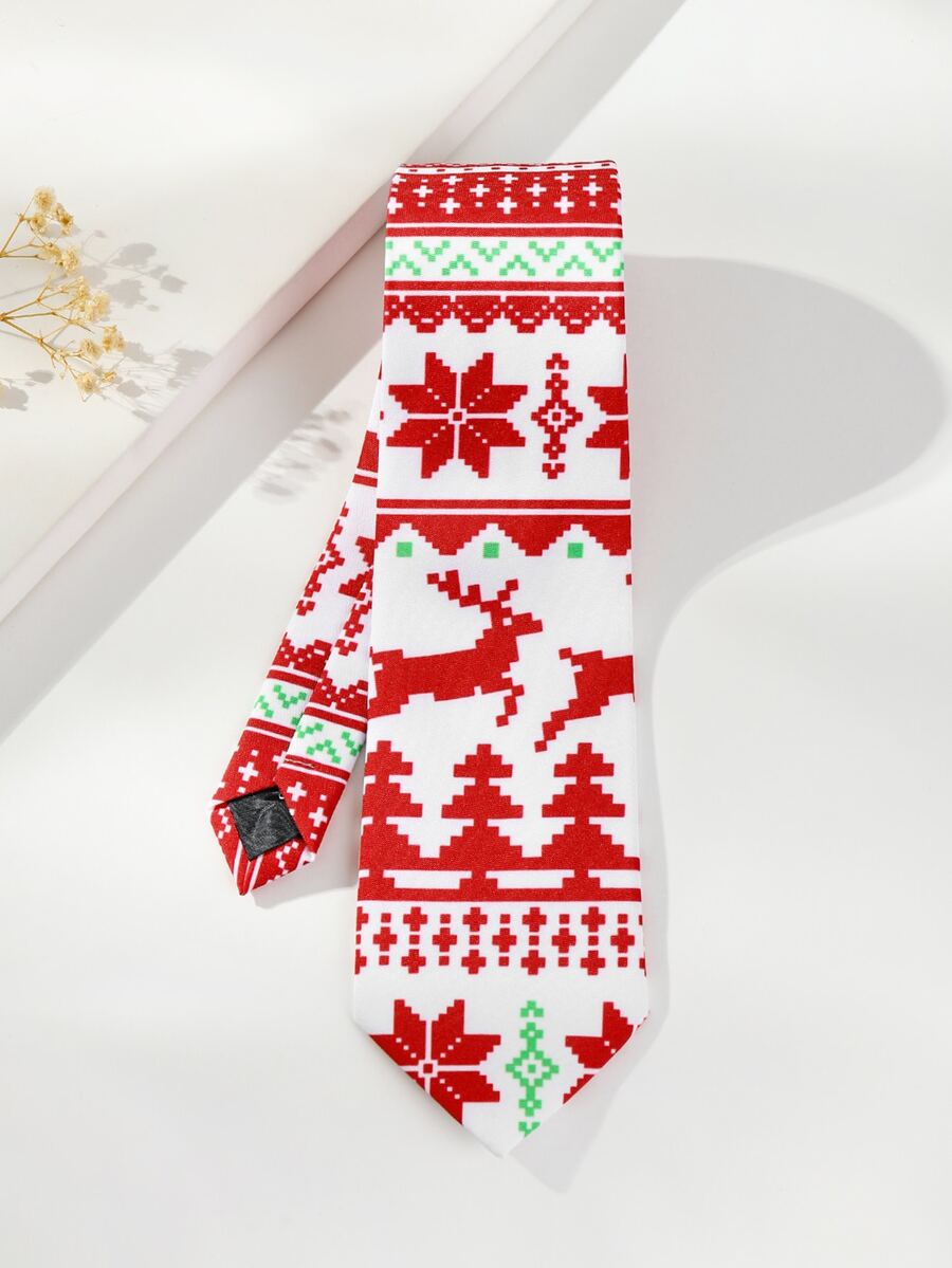 Men Christmas Elk & Geometric Pattern Tie - White - View 1