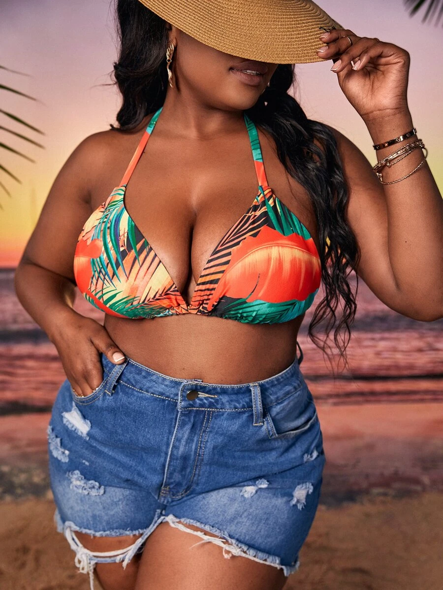 大碼熱帶圖案後綁帶掛脖比基尼上衣 - 彩色 - 查看 1