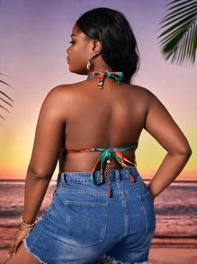 大碼熱帶圖案後綁帶掛脖比基尼上衣 - 彩色 - 查看 2