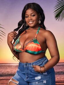 大碼熱帶圖案後綁帶掛脖比基尼上衣 - 彩色 - 查看 3