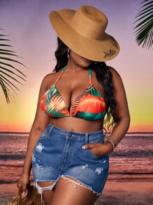 大碼熱帶圖案後綁帶掛脖比基尼上衣 - 彩色 - 查看 5
