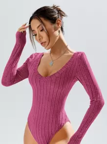 SHEIN Essnce 深V領T恤連體衣 - 玫紅色 - 查看 3