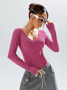 SHEIN Essnce 深V領T恤連體衣 - 玫紅色 - 查看 4